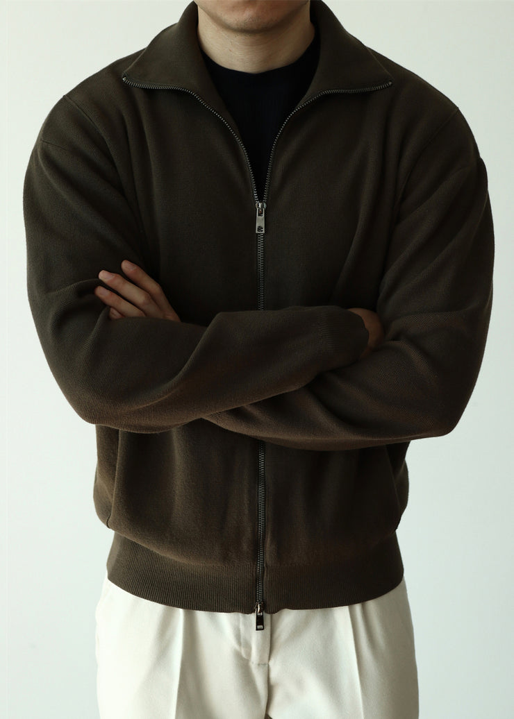 Olive Green Zip Up Cozy Knit Fall Mens Coat Stand Collar