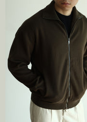 Olive Green Zip Up Cozy Knit Fall Mens Coat Stand Collar