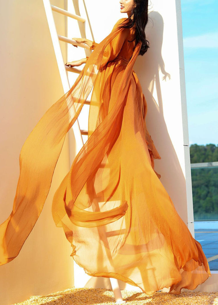 Orange Backless Solid Chiffon Spring Maxi Dresses V Neck