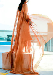 Orange Backless Solid Chiffon Spring Maxi Dresses V Neck