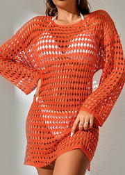 Orange Hollow Out Cozy Knit T Shirt O Neck Fall