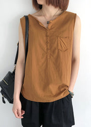 Orange Linen Tops O-Neck Pocket Sleeveless