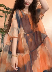 Orange Original Design Patchwork Tulle Half Sleeve Two Pieces Set Print