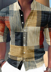 Orange Plaid Button Cotton Men Shirts Stand Collar Fall