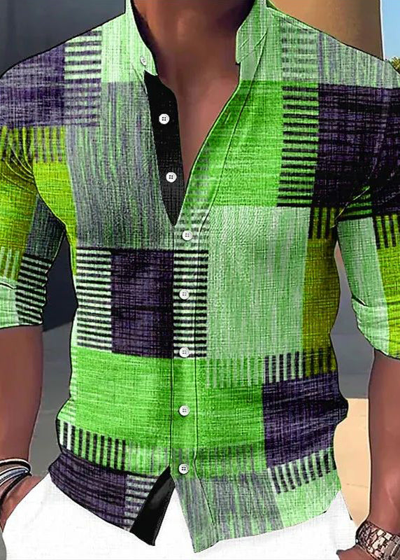 Orange Plaid Button Cotton Men Shirts Stand Collar Fall