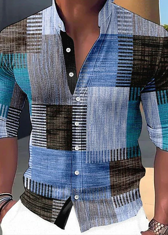 Orange Plaid Button Cotton Men Shirts Stand Collar Fall
