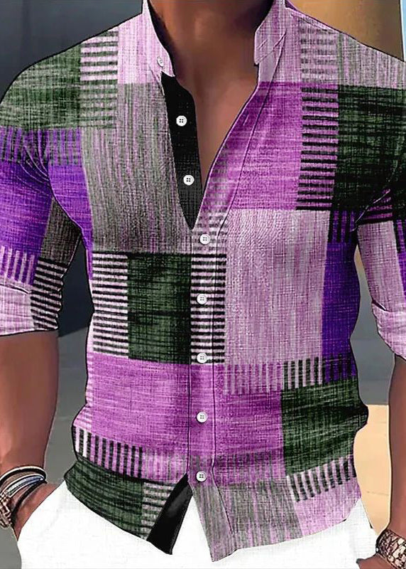 Orange Plaid Button Cotton Men Shirts Stand Collar Fall