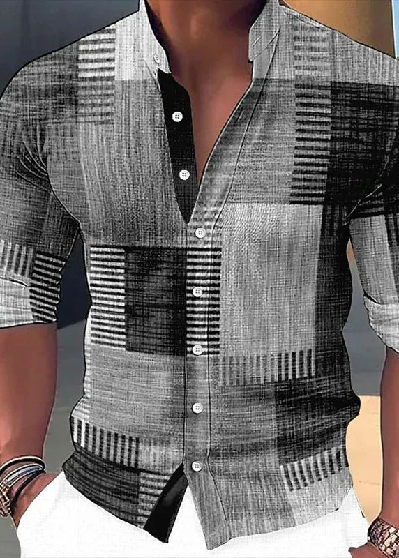 Orange Plaid Button Cotton Men Shirts Stand Collar Fall