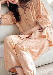 Orange Pockets Patchwork Cotton Fall Pajamas Two Pieces Set O Neck