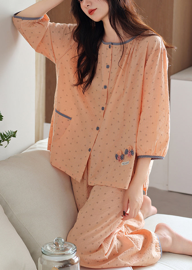 Orange Pockets Patchwork Cotton Fall Pajamas Two Pieces Set O Neck