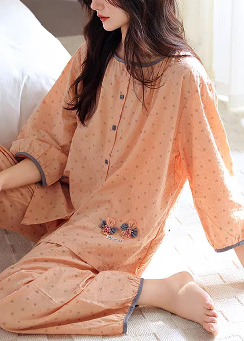 Orange Pockets Patchwork Cotton Fall Pajamas Two Pieces Set O Neck