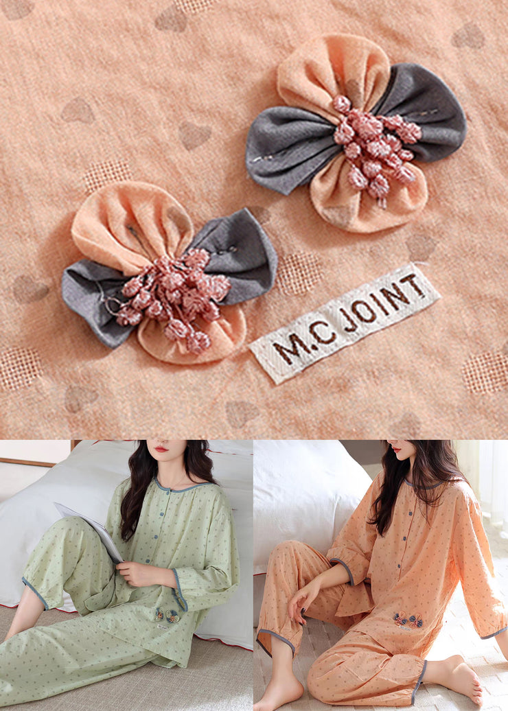 Orange Pockets Patchwork Cotton Fall Pajamas Two Pieces Set O Neck