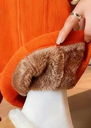 Orange Pockets Solid Warm Fleece Straight Pants Elastic Waist