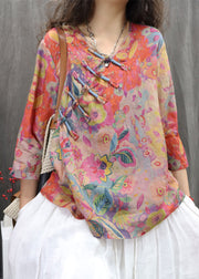 Orange Print Button Linen Blouse V Neck Bracelet Sleeve