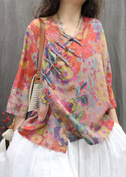 Orange Print Button Linen Blouse V Neck Bracelet Sleeve