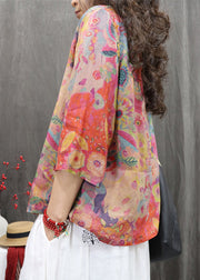 Orange Print Button Linen Blouse V Neck Bracelet Sleeve