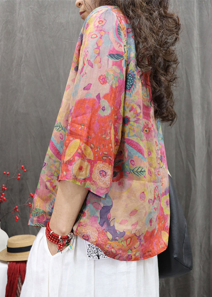 Orange Print Button Linen Blouse V Neck Bracelet Sleeve