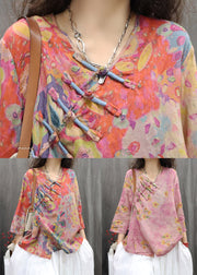 Orange Print Button Linen Blouse V Neck Bracelet Sleeve