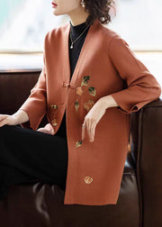 Orange Print Button Woolen Cardigan V Neck Fall