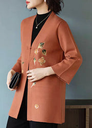 Orange Print Button Woolen Cardigan V Neck Fall