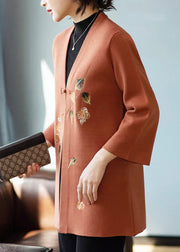 Orange Print Button Woolen Cardigan V Neck Fall