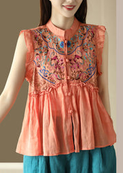 Orange Ruffled Button Ramie Shirt Summer