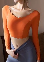 Orange Ruffled Patchwork Solid Yoga Top