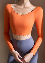 Orange Ruffled Patchwork Solid Yoga Top