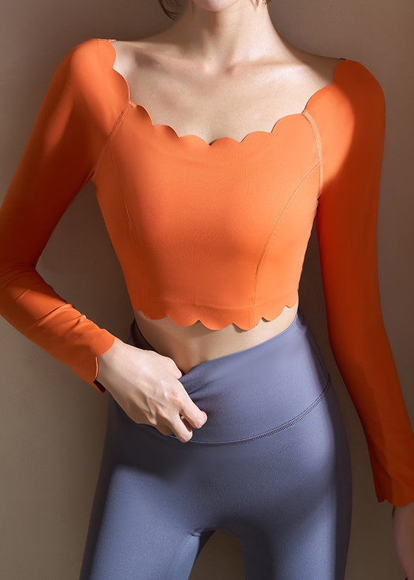 Orange Ruffled Patchwork Solid Yoga Top