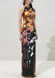 Orange Side Open Cotton Long Dresses O-Neck Summer