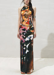 Orange Side Open Cotton Long Dresses O-Neck Summer