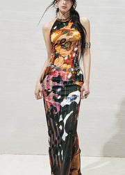 Orange Side Open Cotton Long Dresses O-Neck Summer