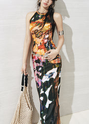 Orange Side Open Cotton Long Dresses O-Neck Summer