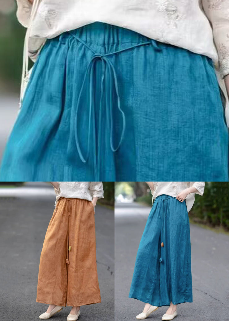 Orange Solid Pockets Cotton Summer Crop Pants Elastic Waist
