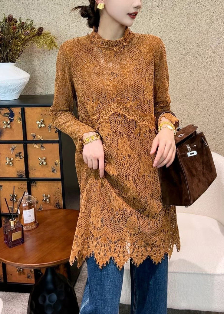Orange Solid Tie Waist Lace Mini Dresses Hollow Out