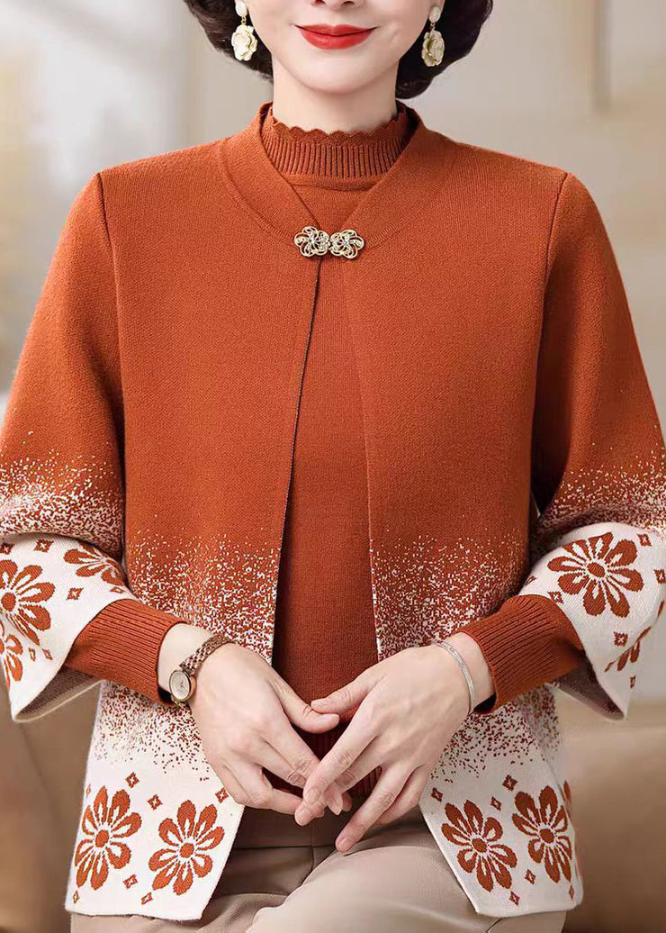 Orange Stand Collar Button Cotton Knit Cardigans And Sweater Two-Piece Set Fall