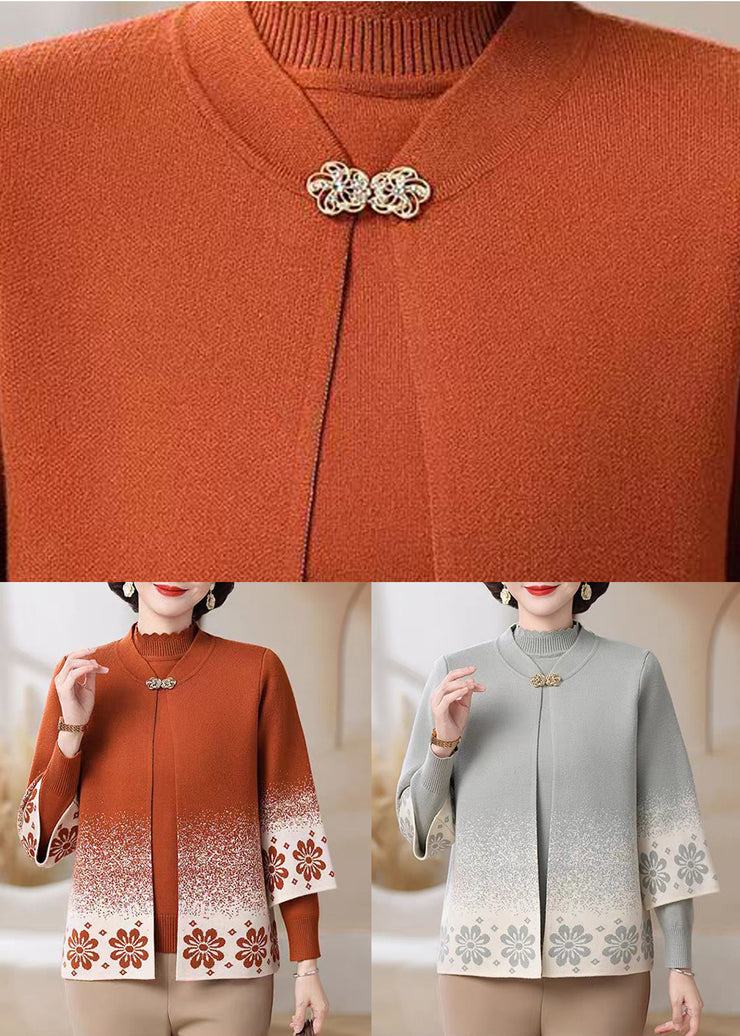 Orange Stand Collar Button Cotton Knit Cardigans And Sweater Two-Piece Set Fall