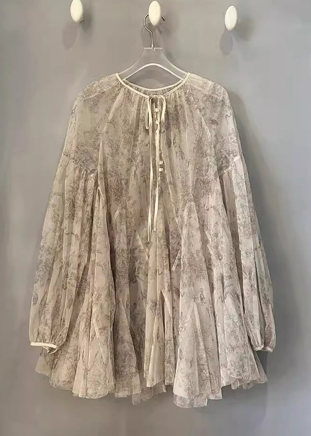 Organic Apricot Print Tie Lace Top Lantern Sleeve