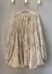 Organic Apricot Print Tie Lace Top Lantern Sleeve