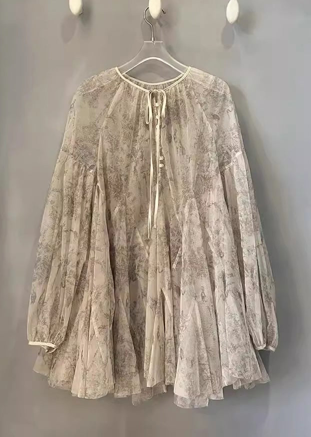 Organic Apricot Print Tie Lace Top Lantern Sleeve