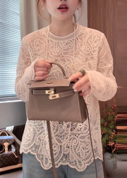 Organic Beige O-Neck Hollow Out Lace T Shirt Spring