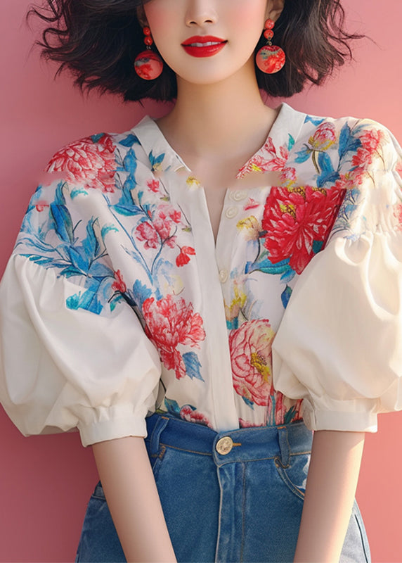 Organic Beige Peter Pan Collar Print Shirt Lantern Sleeve