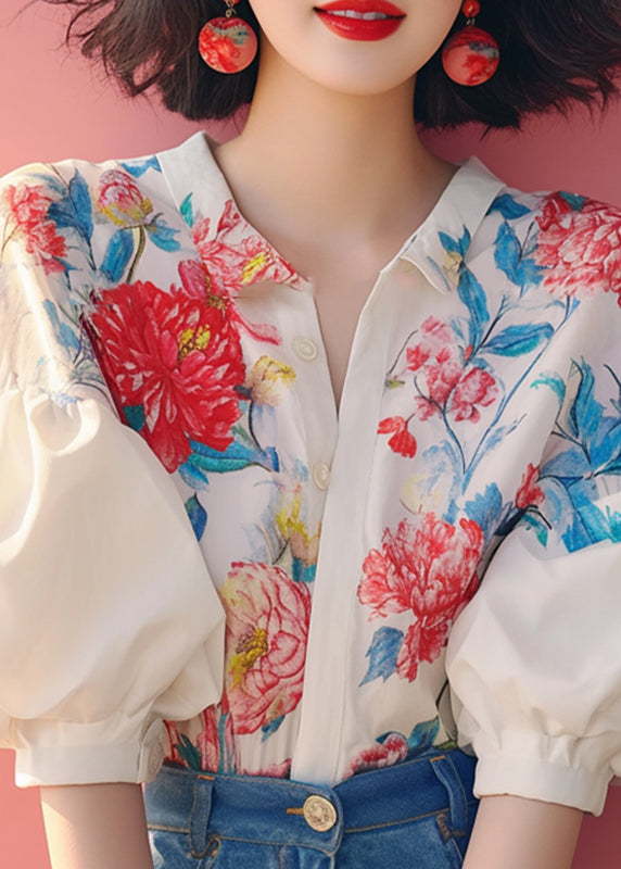 Organic Beige Peter Pan Collar Print Shirt Lantern Sleeve