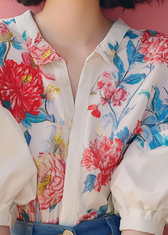 Organic Beige Peter Pan Collar Print Shirt Lantern Sleeve