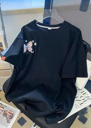 Organic Black Embroideried Butterfly Cotton Men T Shirts Summer
