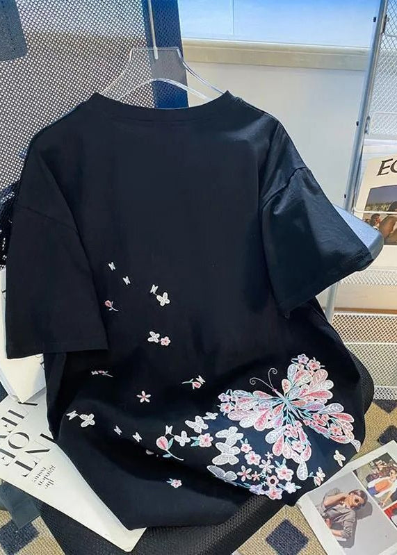 Organic Black Embroideried Butterfly Cotton Men T Shirts Summer