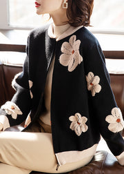Organic Black O-Neck Print Zippered Cotton Knit Cardigans Fall