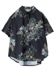 Organic Black Oversized Print Linen Blouses Summer