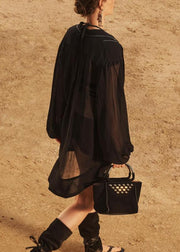 Organic Black Peter Pan Collar Lace Up Cotton Tops Fall
