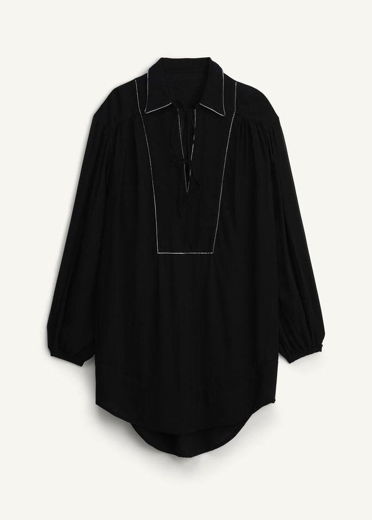 Organic Black Peter Pan Collar Lace Up Cotton Tops Fall